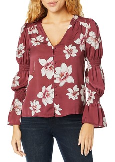 cupcakes and cashmere Women's Christa Magnolia Printed Button Blouse w/Sleeve Smocking Earth red