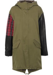 Current/elliott Woman The Harper Leather And Checked Jacquard-paneled Cotton-blend Twill Hooded Parka Army Green