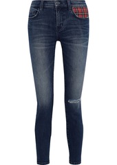 Current/elliott Woman The Stiletto Checked Twill-paneled Distressed Low-rise Skinny Jeans Mid Denim