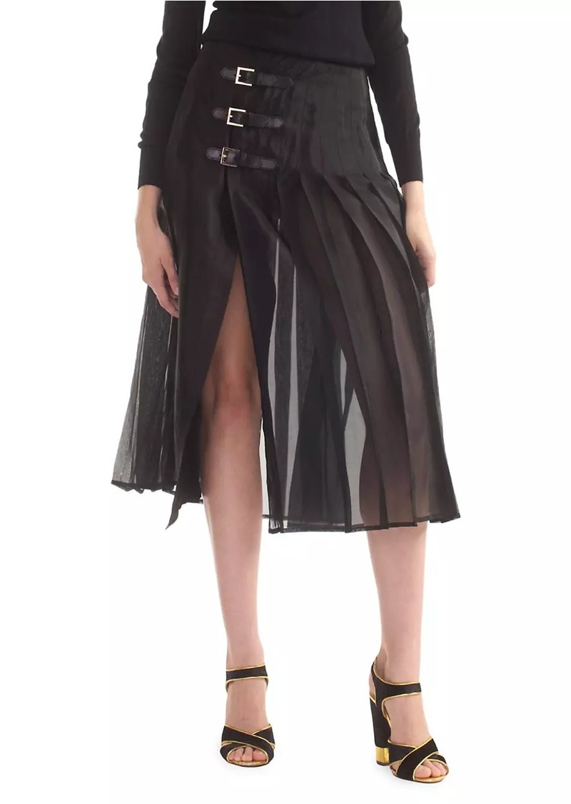 Cynthia Rowley Buckle Pleated Organza Midi-Skirt