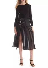 Cynthia Rowley Buckle Pleated Organza Midi-Skirt