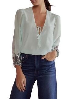Cynthia Rowley Sequin Sleeve Silk Blouse in Mint at Nordstrom