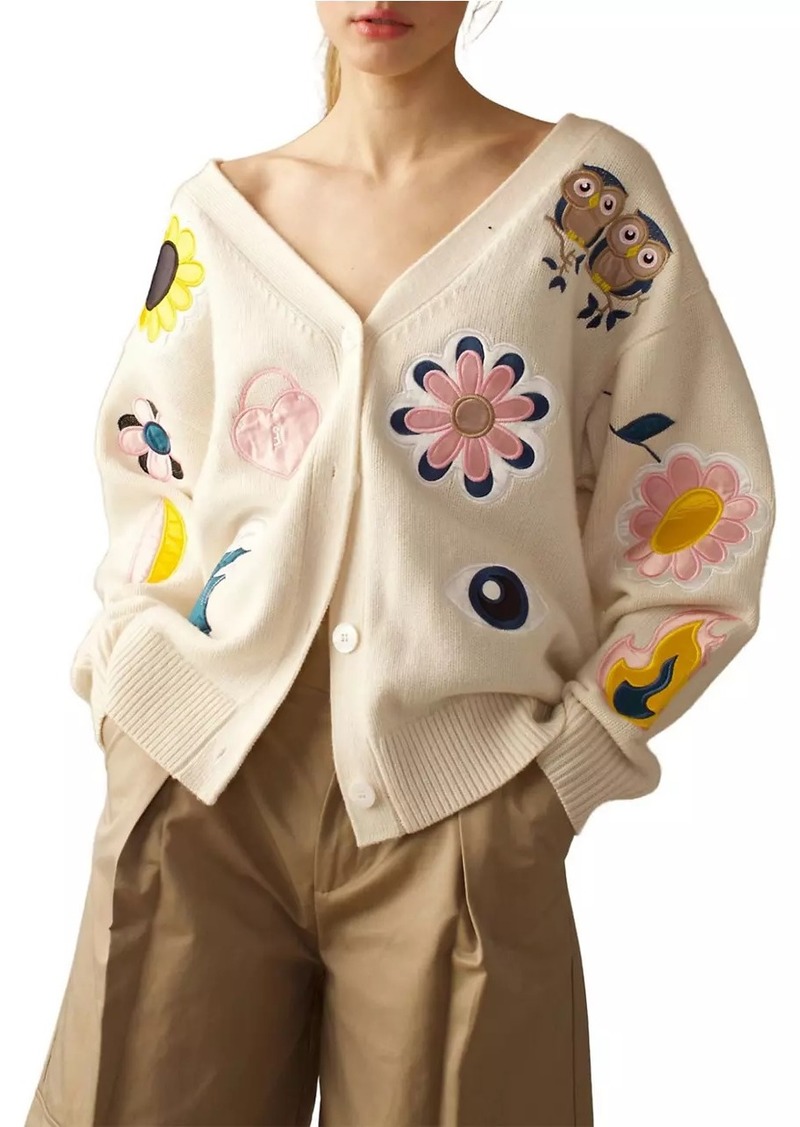 Cynthia Rowley Fun Patches Knit Button-Front Cardigan