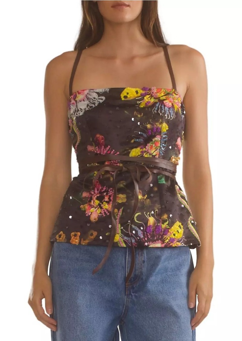 Cynthia Rowley Satin Leather Ties Embellished Top