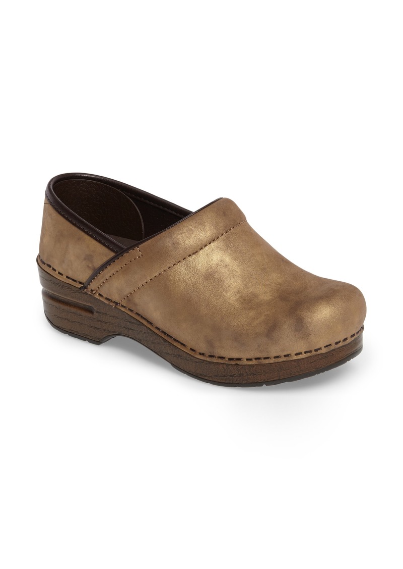 dansko distressed leather clogs