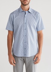 David Donahue Print Cotton Short Sleeve Button-Up Shirt in Blue/Berry at Nordstrom Rack