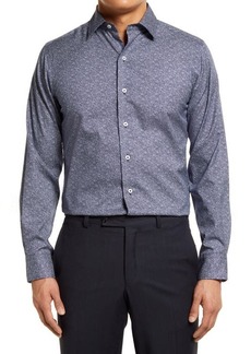 David Donahue Trim Fit Fine Paisley Fusion Dress Shirt in Navy at Nordstrom