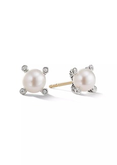 David Yurman Cable Pearl Stud Earrings in Sterling Silver with Diamonds