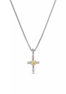 David Yurman Petite Cross Necklace in Sterling Silver with 18K Yellow Gold with Diamonds, 20.8mm