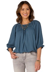 Democracy Petite Printed Elbow-Sleeve Bubble-Hem Top - Wistful Te