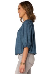 Democracy Petite Printed Elbow-Sleeve Bubble-Hem Top - Wistful Te