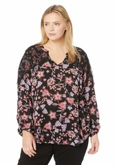Democracy Women's Plus Size Ruched Long Sleeve V Neck TOP with Contrast LACE