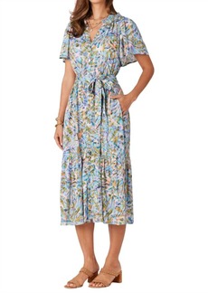 Democracy Short Bell Sleeve Printed Woven Dress In Blue Floral