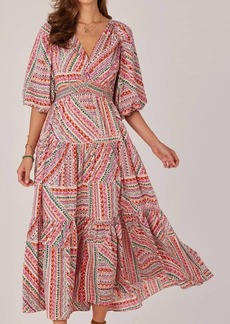 Democracy Three Quarter Bubble Sleeve V-Neck Printed Three Tiered Woven Dress In Blooming Orchid Multi