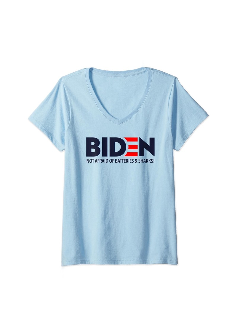 Democracy Womens BIDEN - Not afraid of batteries and sharks (navy text) V-Neck T-Shirt