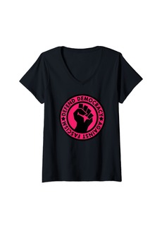 Womens Defend Democracy Against Fascism - Clenched Fist (hot pink) V-Neck T-Shirt