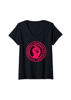 Womens Defend Democracy Against Fascism (hot pink raised fist) V-Neck T-Shirt
