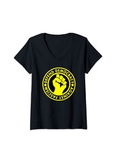 Womens Defend Democracy Against Fascism (yellow raised fist) V-Neck T-Shirt