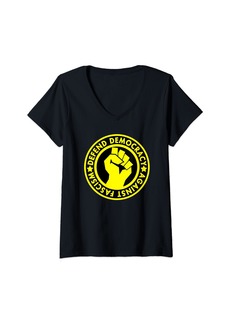 Womens Defend Democracy Against Fascism (yellow raised fist) V-Neck T-Shirt