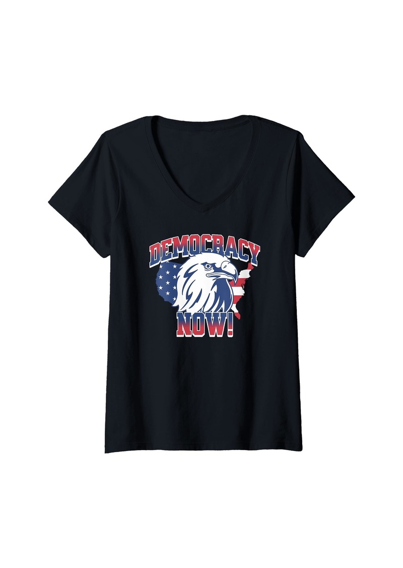 Womens Democracy Now Vote Kamala Harris 2024 Democrat USA Flag V-Neck T-Shirt