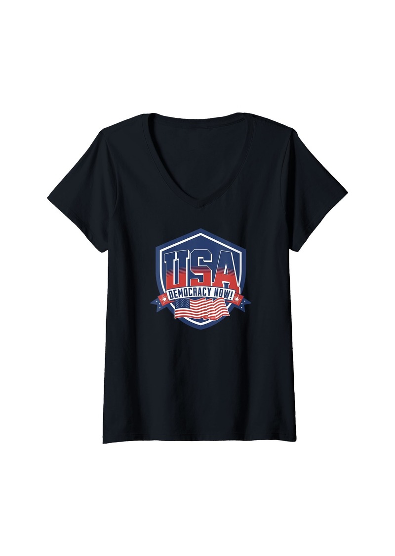 Womens Democracy Now Vote Kamala Harris 2024 Democrat USA Flag V-Neck T-Shirt