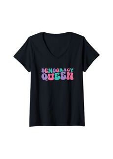 Womens Democracy Queen Womens Retro Vintage Wavy Groovy V-Neck T-Shirt