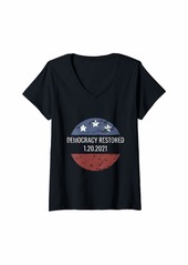 Womens DEMOCRACY RESTORED 1.20.2021 BIDEN HARRIS INAUGURATION V-Neck T-Shirt