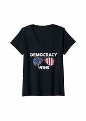 Womens Democracy Wins American Flag Aviator Sunglasses V-Neck T-Shirt