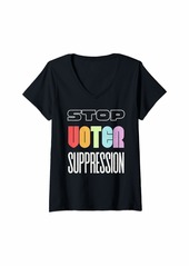 Democracy Womens Stop-Voter-Suppression USA Retro Rainbow Vintage Distressed V-Neck T-Shirt