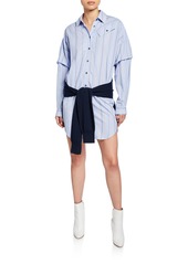 Derek Lam Striped Long-Sleeve Combo Shirt Dress with Knit Waist Tie
