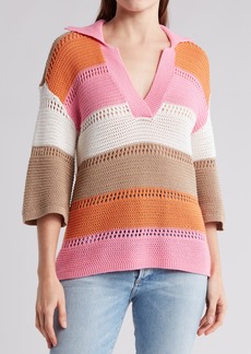 Design History Colorblock Short Sleeve Open Knit Polo Sweater in Pink Crush at Nordstrom Rack