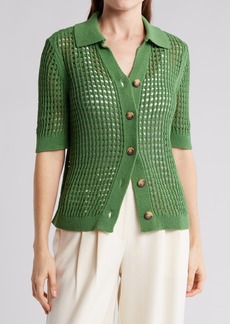 Design History Crochet Short Sleeve Button-Up Sweater in Basil at Nordstrom Rack