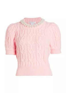 Design History Faux Pearl Cable-Knit Short-Sleeve Sweater