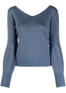 D.Exterior V-Neck Lurex-Knit Sweater in Blue Pavone
