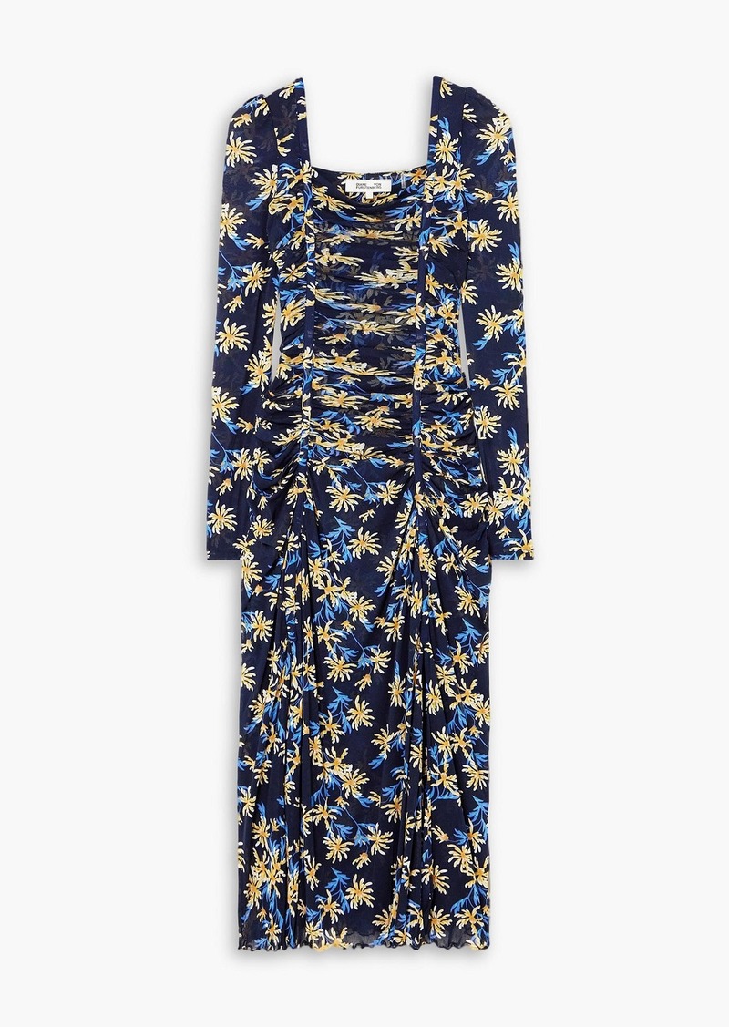 Diane von Furstenberg - Amelie ruched floral-print stretch-mesh midi dress - Blue - XXS