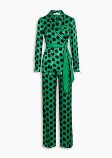 Diane von Furstenberg - Clyde wrap-effect polka-dot satin-jacquard wide-leg jumpsuit - Green - US 00
