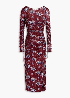 Diane von Furstenberg - Corinne ruched floral-print mesh midi dress - Purple - XL
