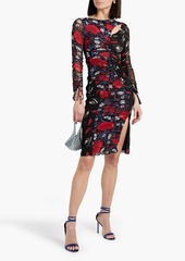Diane von Furstenberg - Devanna ruched floral-print stretch-mesh dress - Black - XXS