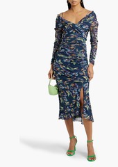 Diane von Furstenberg - Ganesa ruched printed stretch-mesh midi dress - Blue - L
