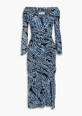 Diane von Furstenberg - Ganesa ruched printed stretch-mesh midi dress - Blue - XL