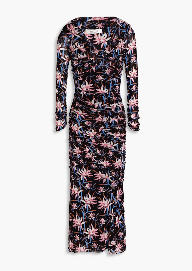 Diane von Furstenberg - Ganesa ruched floral-print stretch-mesh midi dress - Pink - XL