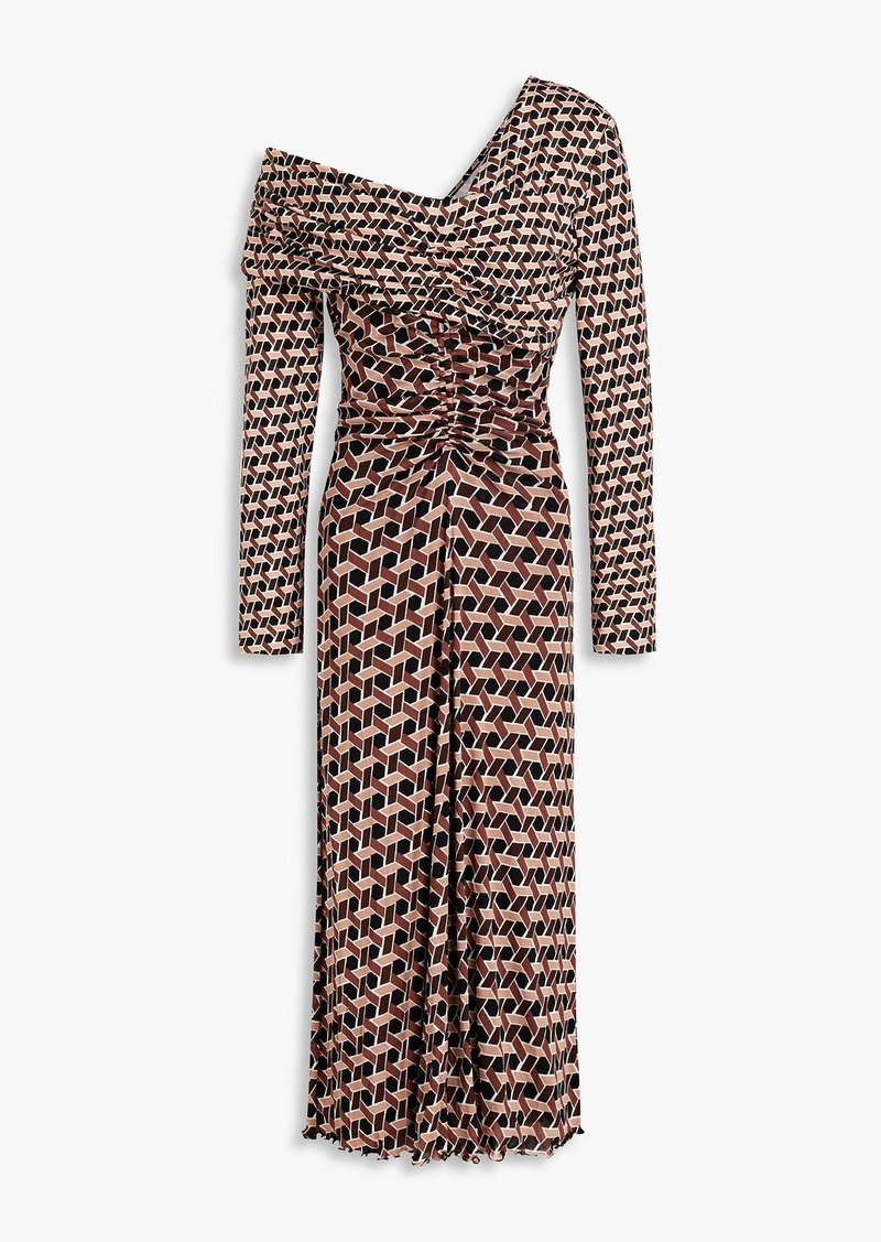 Diane von Furstenberg - Leia one-shoulder printed jersey and stretch-mesh midi dress - Brown - XXS