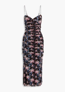 Diane von Furstenberg - Lester ruched floral-print stretch-mesh midi dress - Pink - XXS
