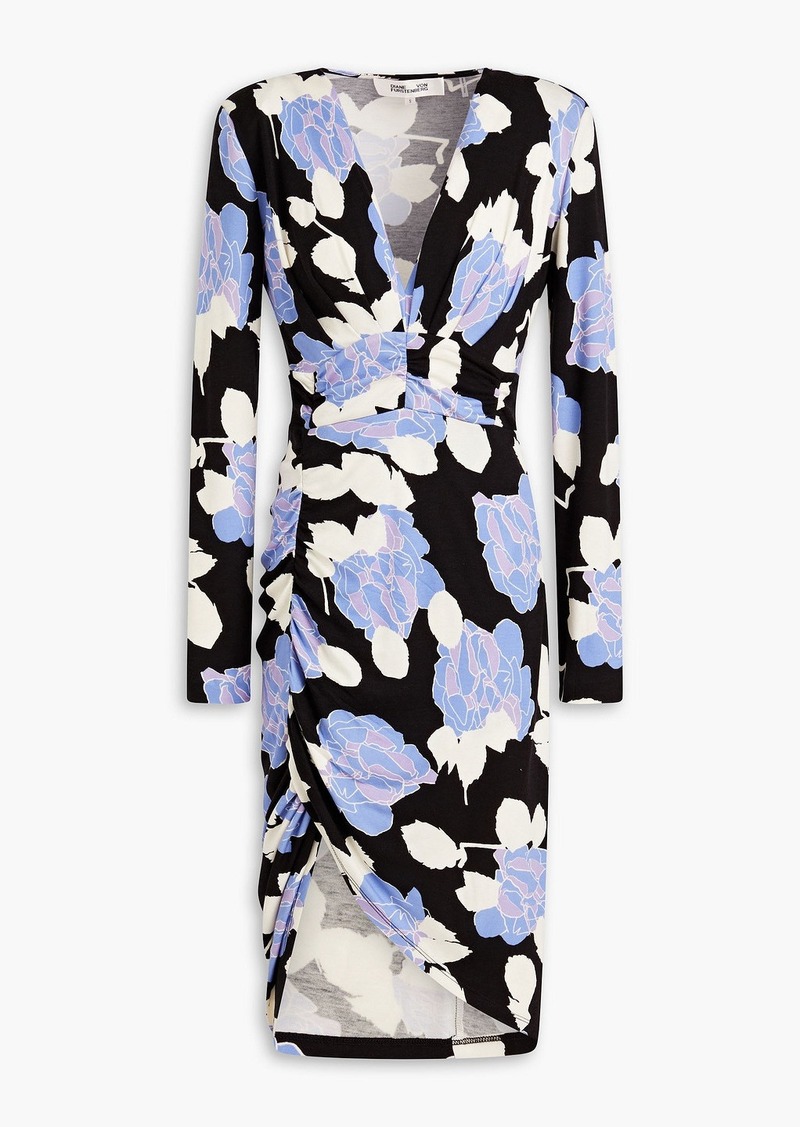 Diane von Furstenberg - Magena ruched floral-print Lyocell and wool-blend jersey dress - Blue - L