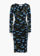 Diane von Furstenberg - Missy ruched floral-print stretch-mesh dress - Black - XL