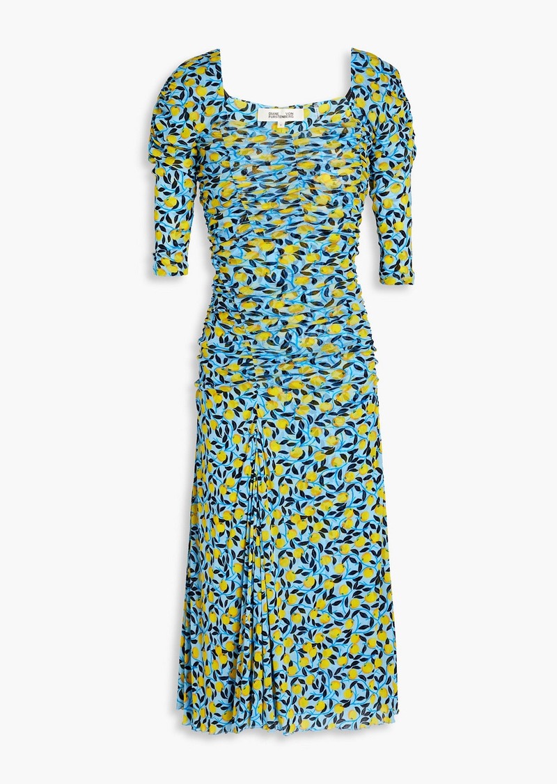 Diane von Furstenberg - Dacey ruched printed stretch-mesh dress - Blue - L