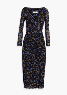 Diane von Furstenberg - Ganesa off-the-shoulder ruched leopard-print stretch-mesh midi dress - Black - XXS