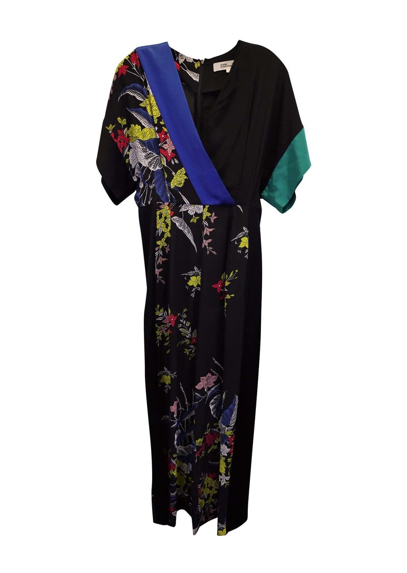 Diane Von Furstenberg Floral Short Sleeve Jumpsuit in Black Silk