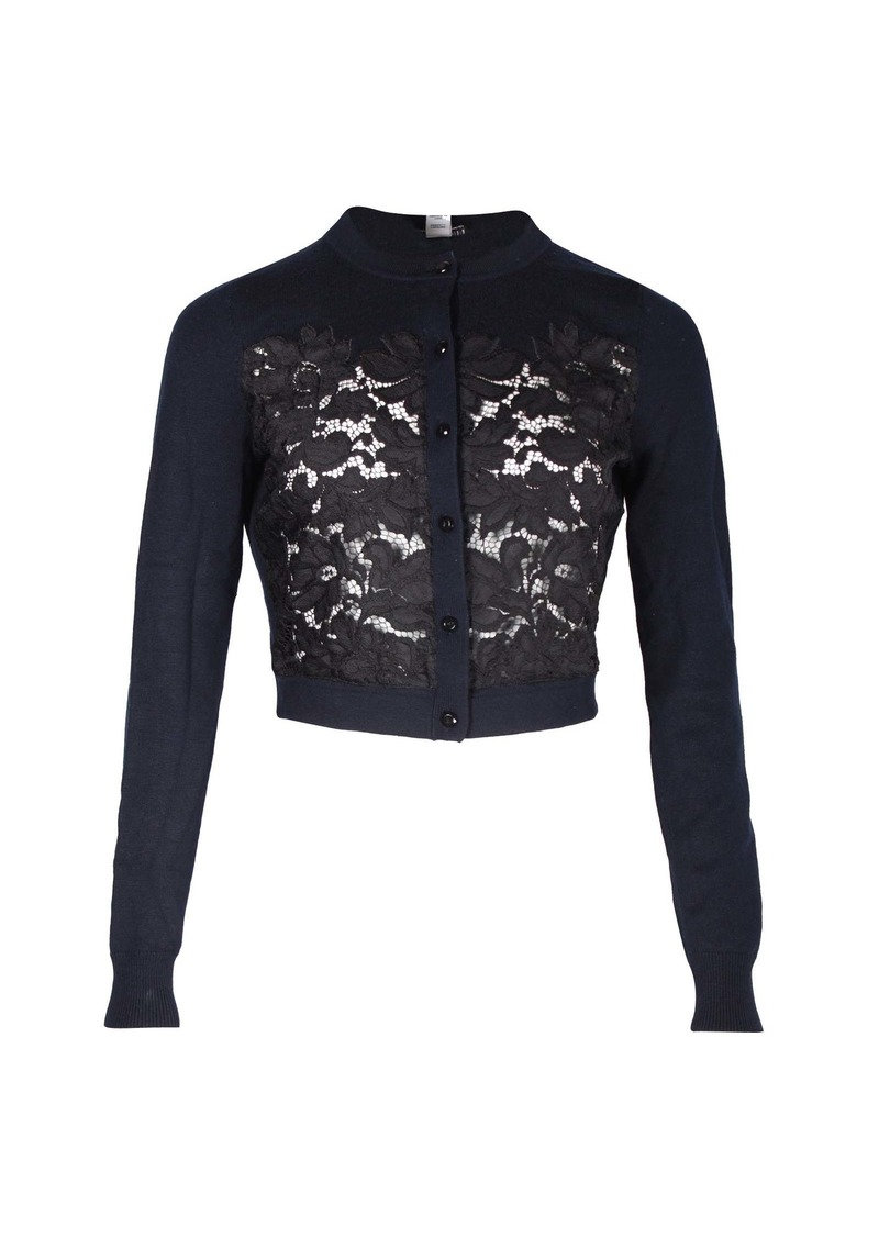 Diane Von Furstenberg Lace Pattern Crew Neck Cardigan in Navy Blue Wool