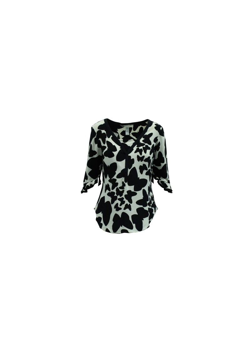 Diane Von Furstenberg Retta Butterfly Print Blouse in Black and White Silk